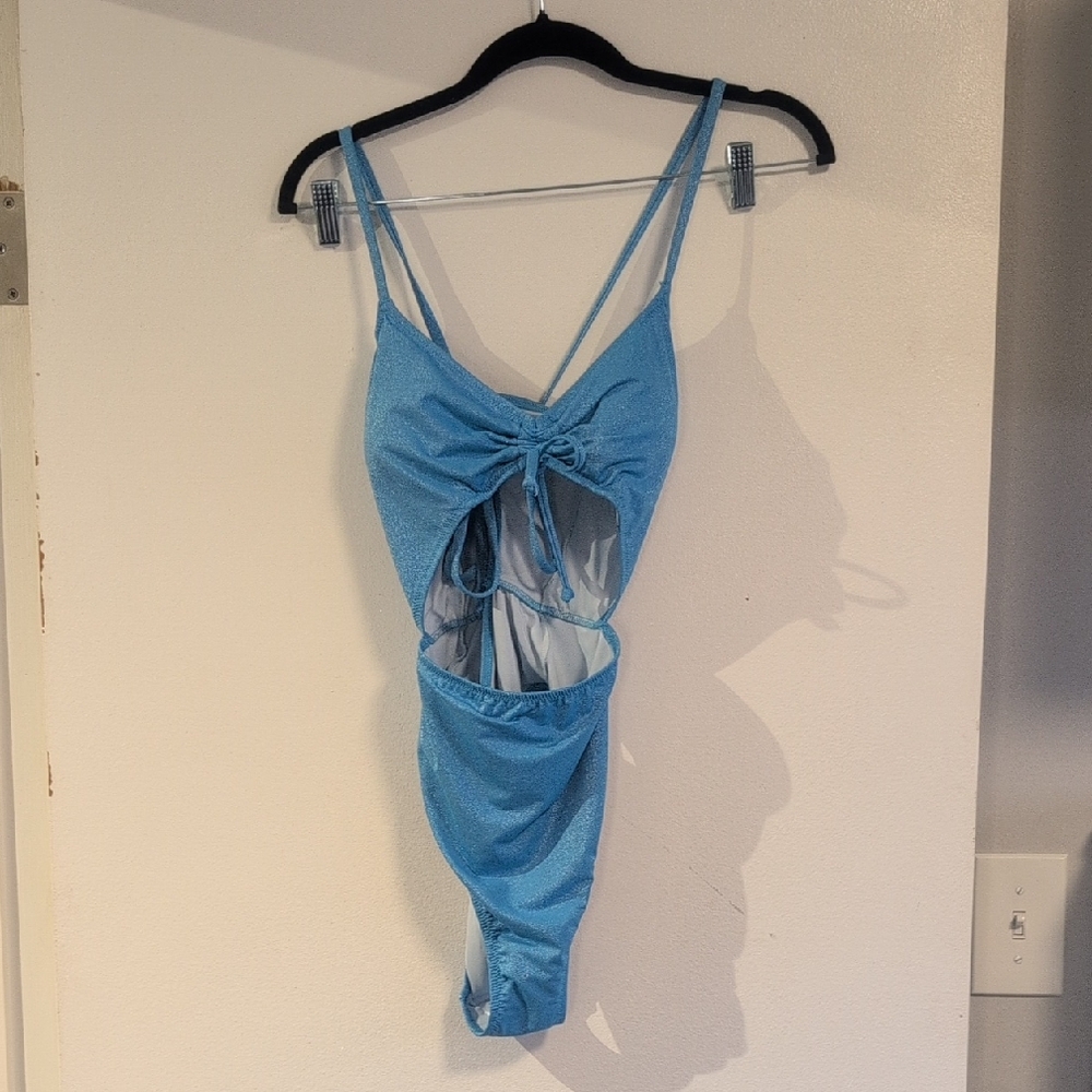 Victoria's Secret Blue Glitter Cut out One Piece Swimsuit L